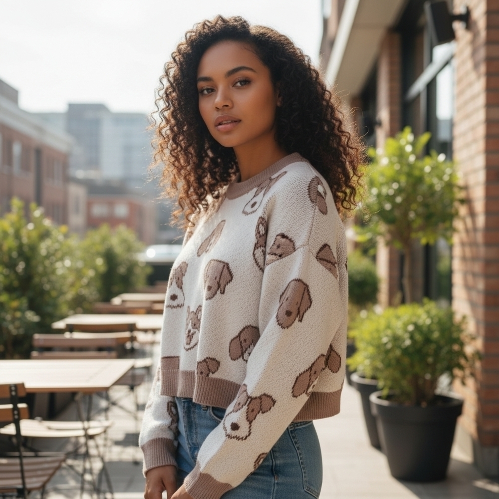 Debut "Puppy Print" Cropped Crewneck Sweater